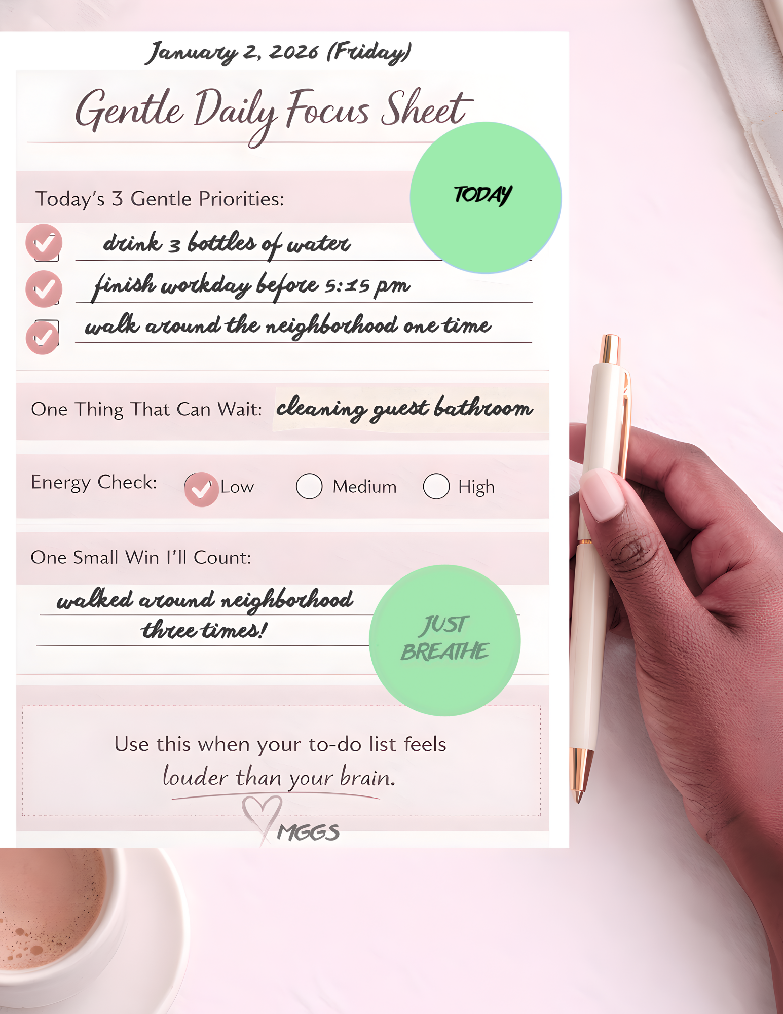 Gentle Daily Focus Reset Stickers | Printable Digital Stickers for Planners & Notes (GREEN)